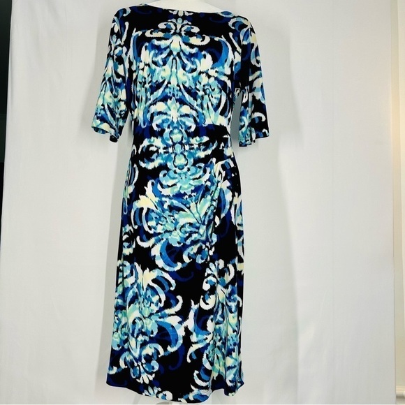 Connected Apparel Multicolor Round Neck Ruched Waist Stretch Sheath Dress Sz 12 - Picture 1 of 9